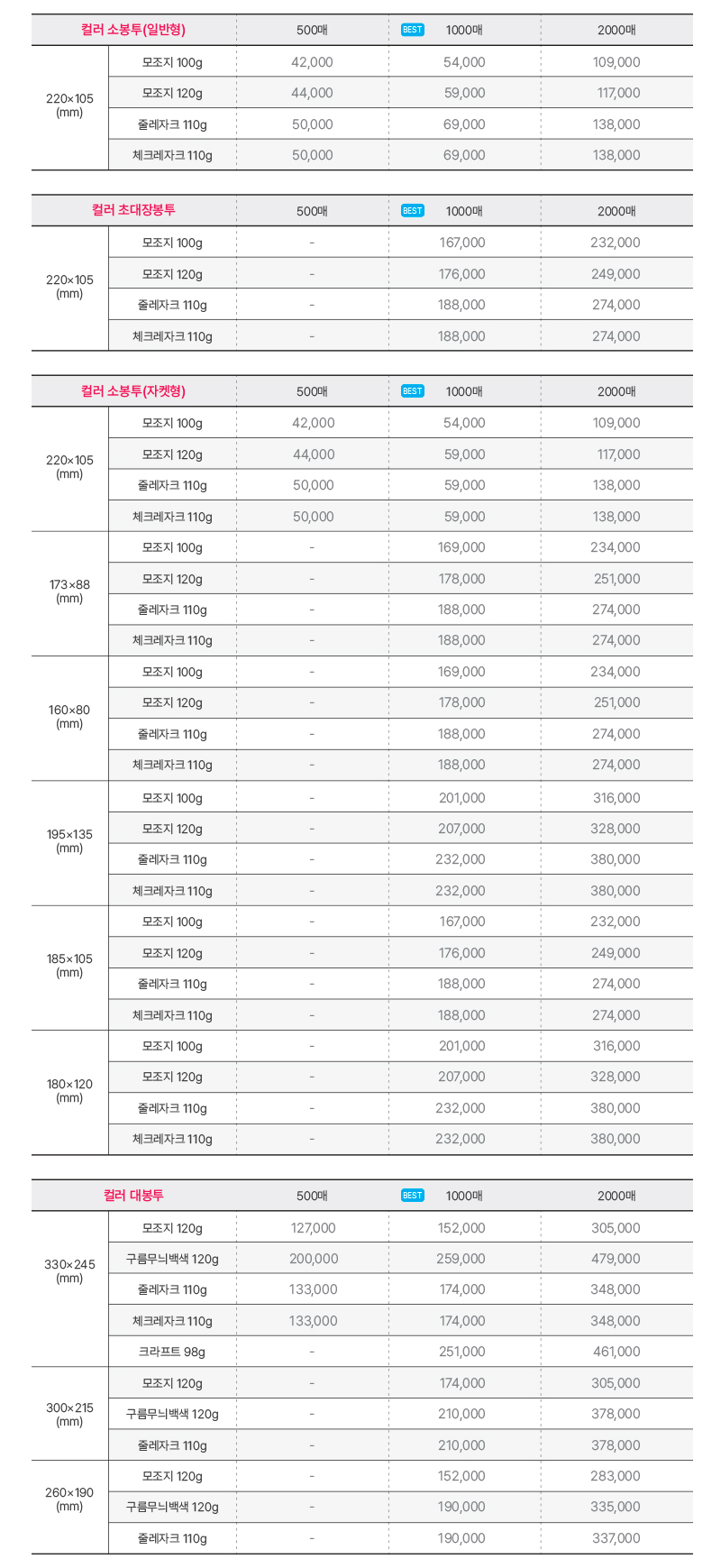 오비즈 가격표 봉투